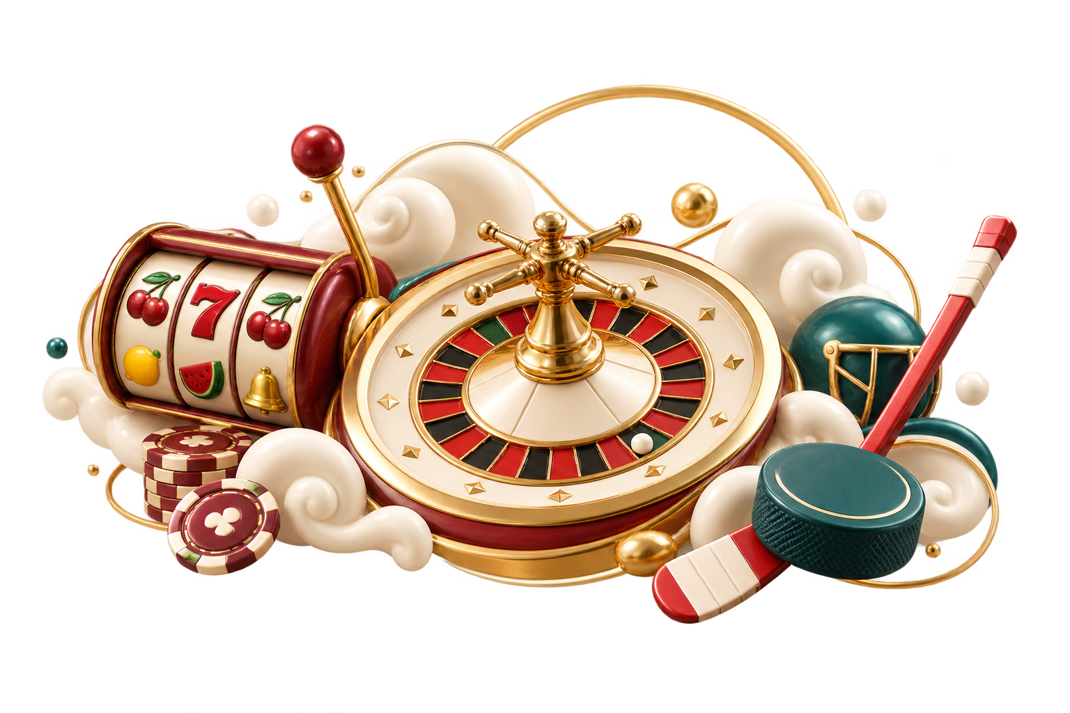 Roulette, slot and hockey composition representing AllySpin Casino entertainment